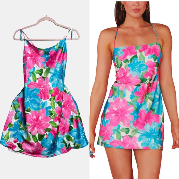 Show Me Your MuMu Dresses & Skirts - Show Me Your Mumu Floral Mini Dress Pink Blue XXL Spaghetti Strap Backless Satin